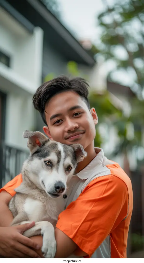 A young man is hugging a dog