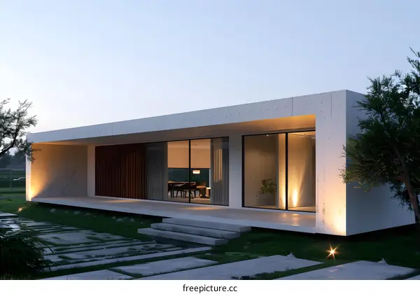 Modern Minimalist Concrete House with Large Windows and Lush Greenery