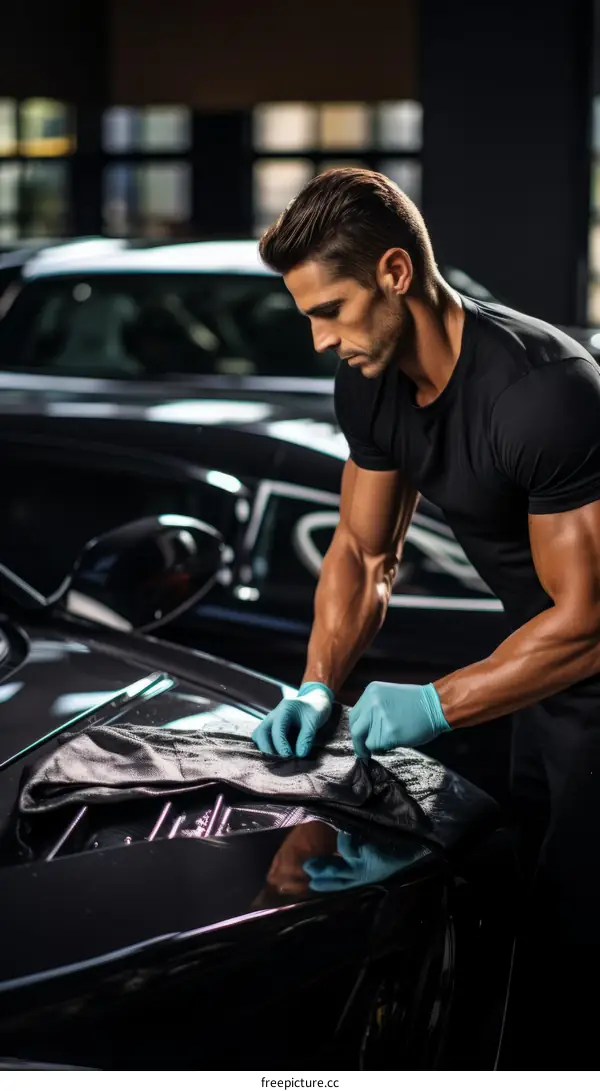 Young muscular man cleaning a black car with a microfiber cloth