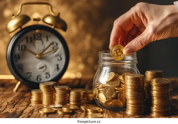A hand putting a Bitcoin into a glass jar full of money with an alarm clock in the background
