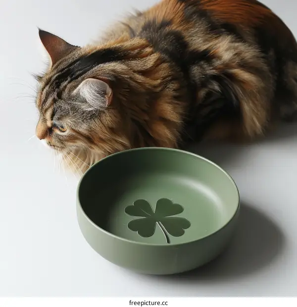 Fluffy Cat Waiting Patiently by an Empty Bowl
