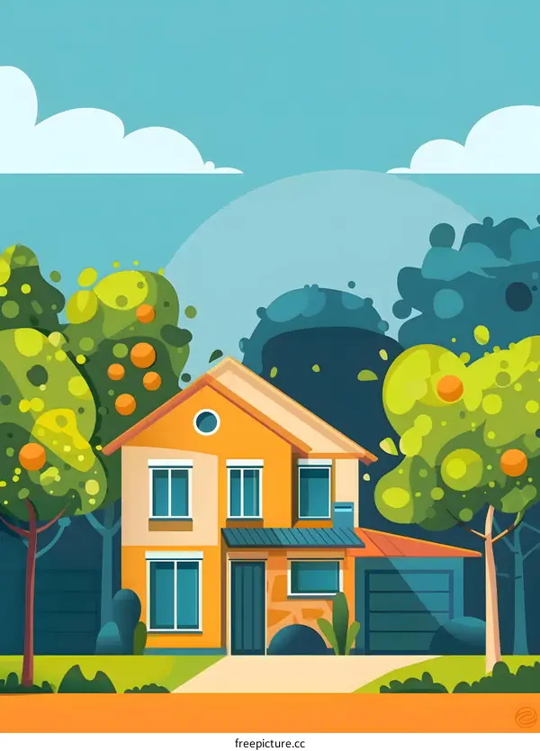 Cartoon Illustration of a Two Story Yellow House in the Suburbs