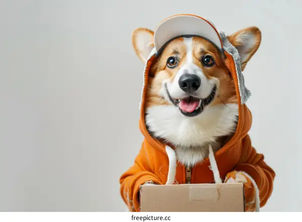 Cute Dog in Hoodie Holding a Cardboard Box
