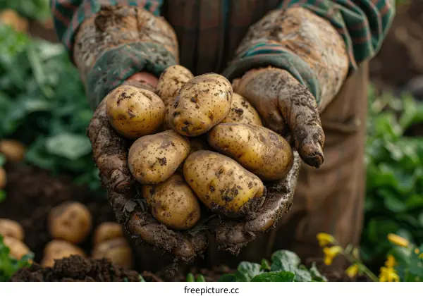 Farmer holding a handful of freshly harvested potatoes