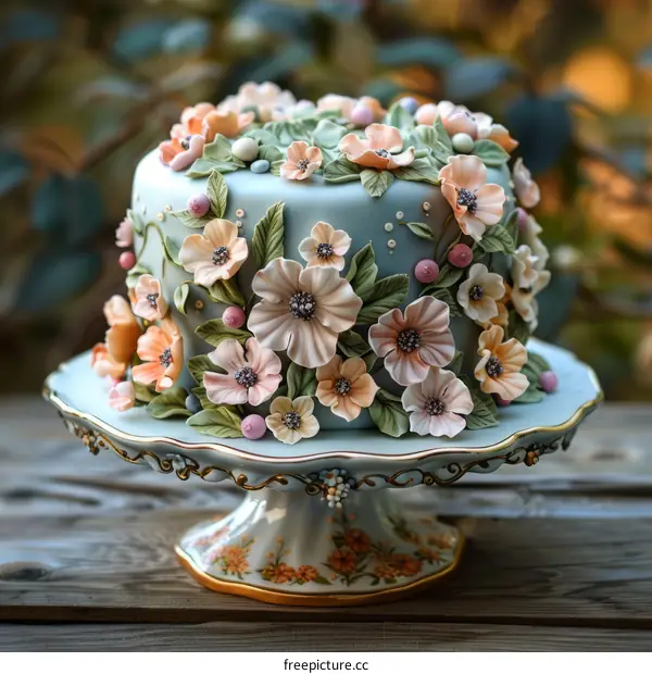 A cake decorated with pink and white flowers