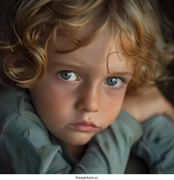 Portrait of a young boy with curly blond hair and blue eyes