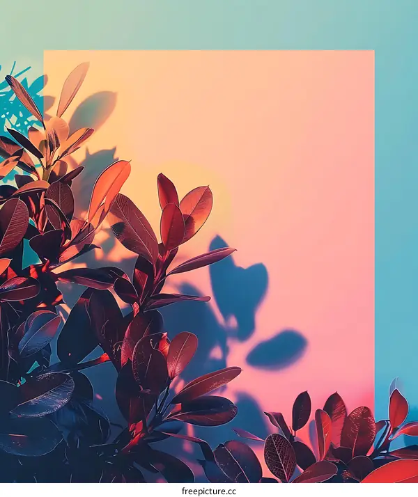 Tropical Leaves with Neon Lights and Shadow