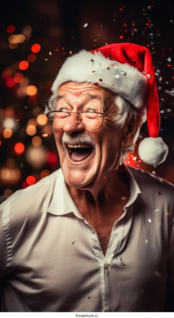 Portrait of a laughing elderly man wearing a Santa hat