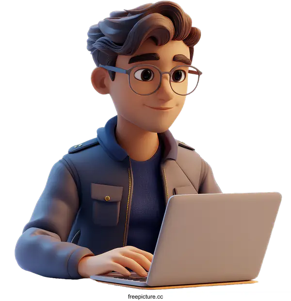 [Transparent Background PNG]Cartoon Character Working on Laptop