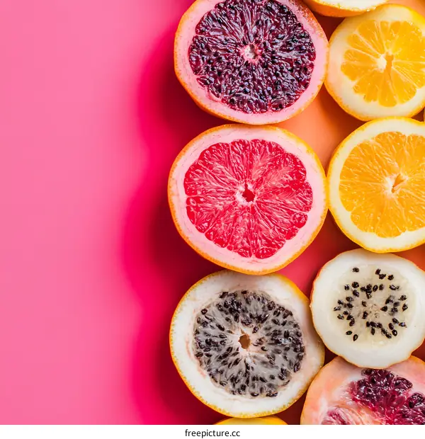 Colorful Citrus Fruit Halves on Pink Background