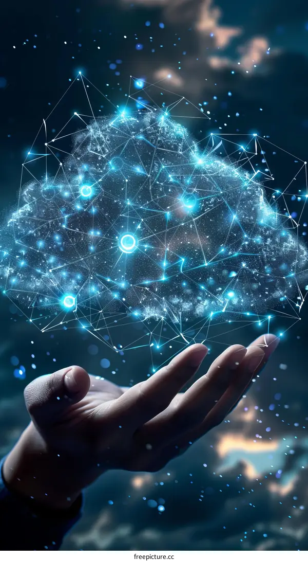 Glowing blue cloud of data points held up by a hand