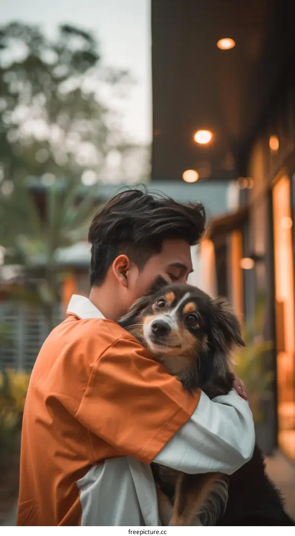 A man and his dog are hugging each other outside.