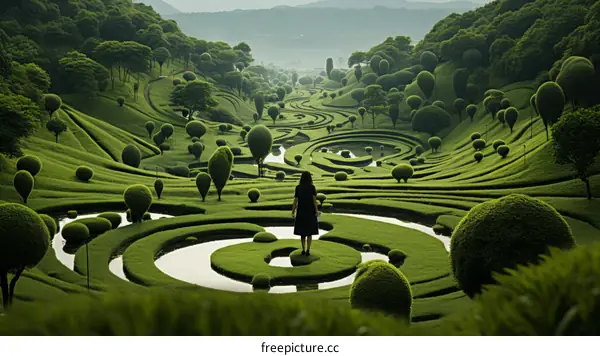 Woman in a Lush Green Garden with Serene Pathways