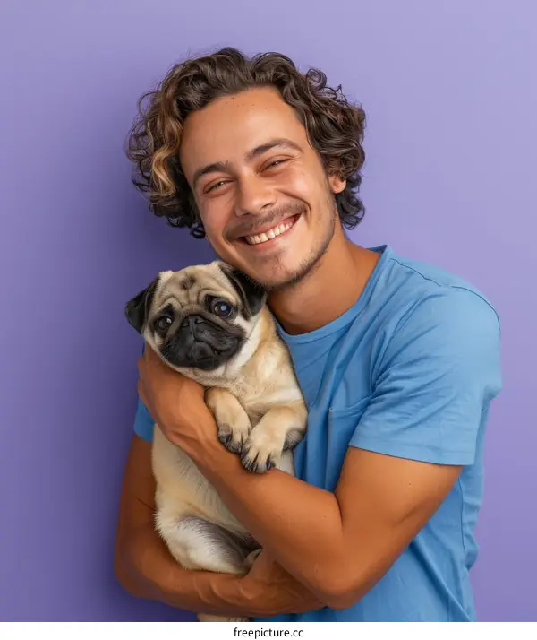 A young man with curly hair is smiling and hugging a pug dog