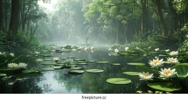 Misty Pond and Water Lilies in Forest