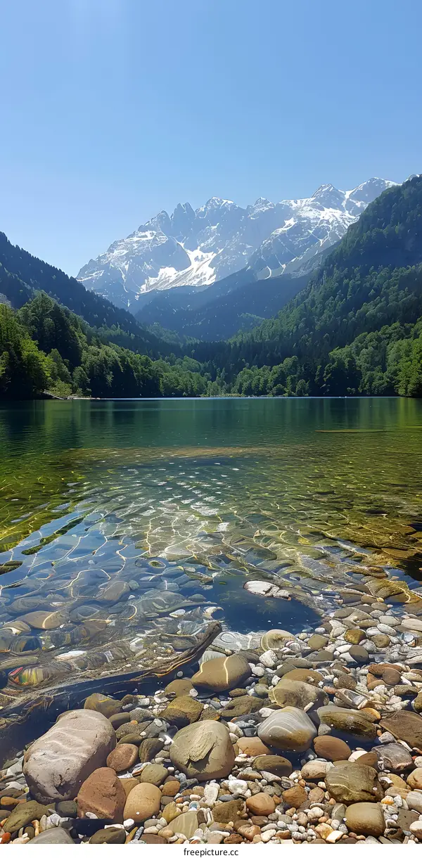 clear mountain lake with rocks in foreground