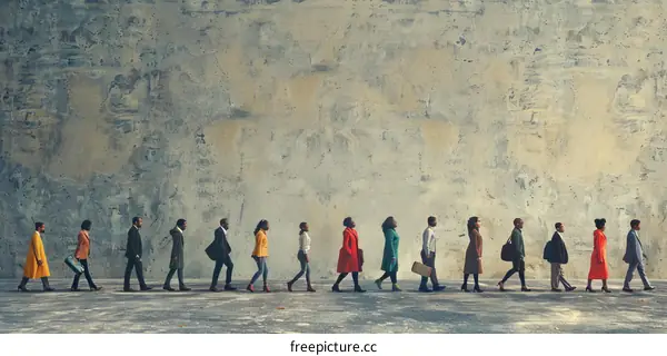 People of various ethnicities walking in a line