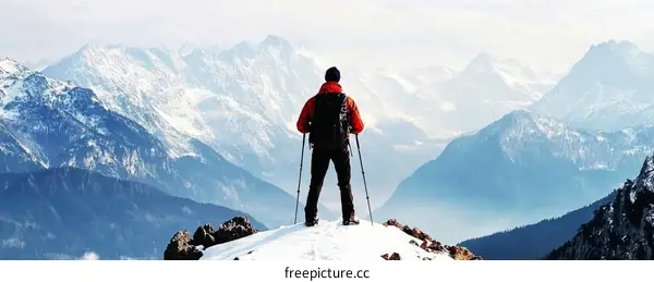 Adventurous Man Contemplating Snowy Mountain Peaks