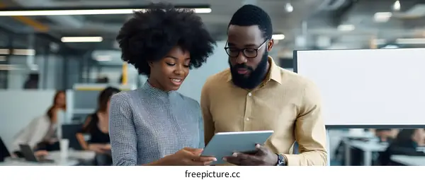 Two Business People Looking at Tablet in Office