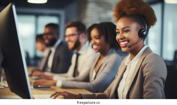 Smiling African American woman wearing a headset and working in a call center with four of her colleagues in the background