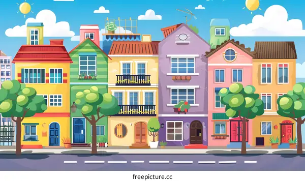 Colorful Houses on a Sunny Day Street Illustration