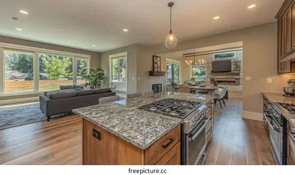 Open Concept Kitchen and Living Room Design with Large Windows