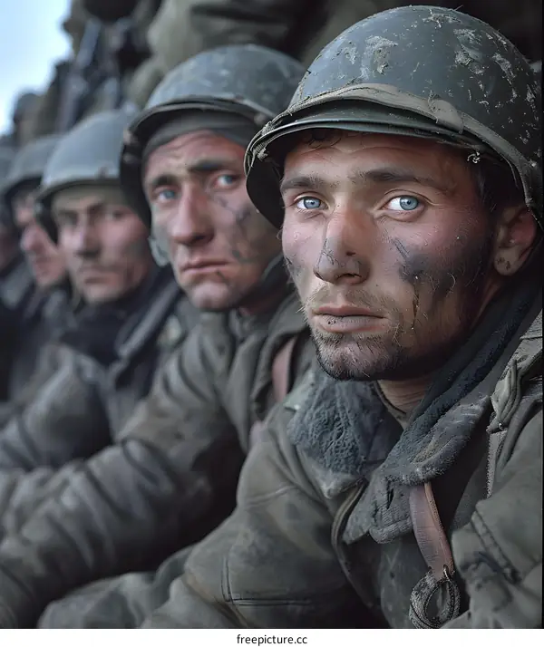 A group of soldiers from the 1st Infantry Division rest during the Korean War.