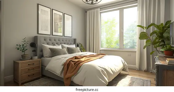 A bedroom with a large bed, window, and plant