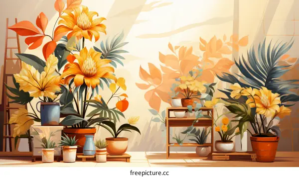 A beautiful illustration of a variety of flowers and plants in pots and vases.