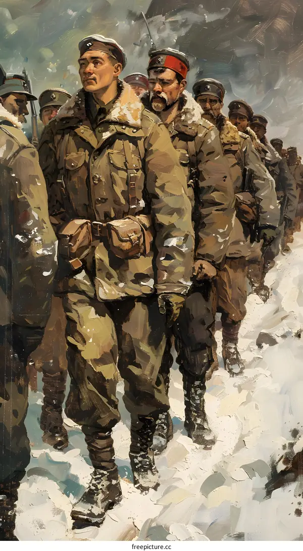 A group of soldiers wearing winter coats march through the snow