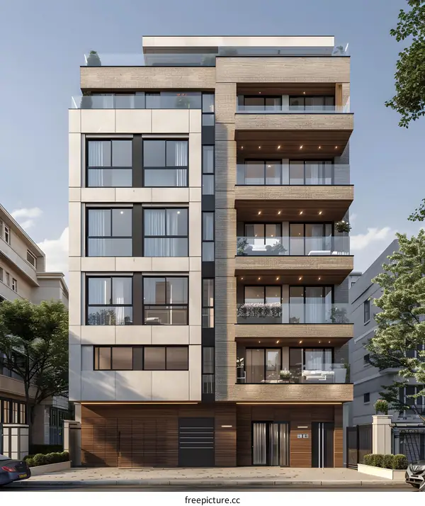 An illustration of a four-story apartment building with a modern design