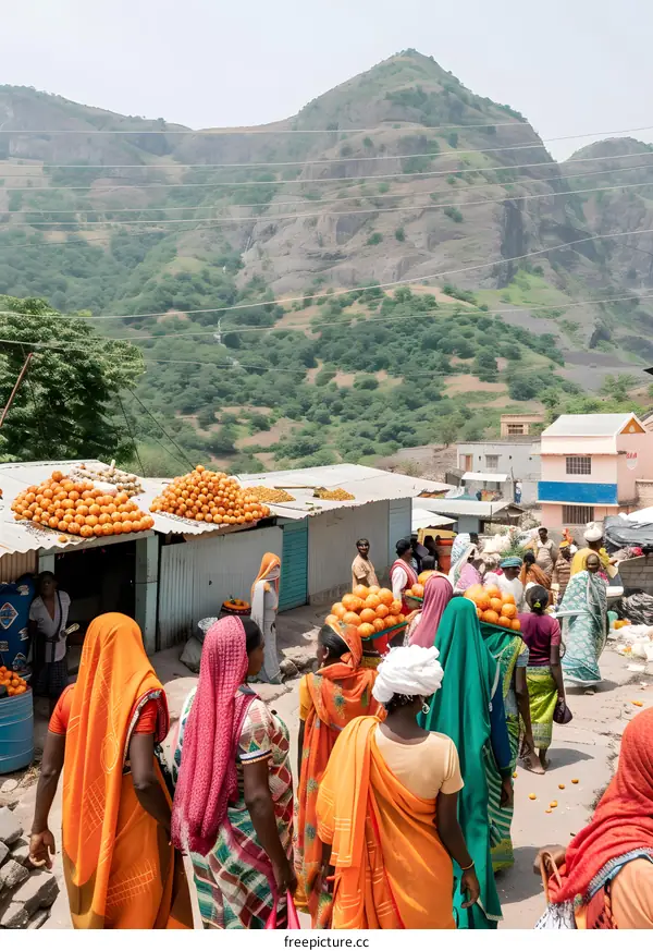 Indian Women Selling Oranges at a Market in the Mountains