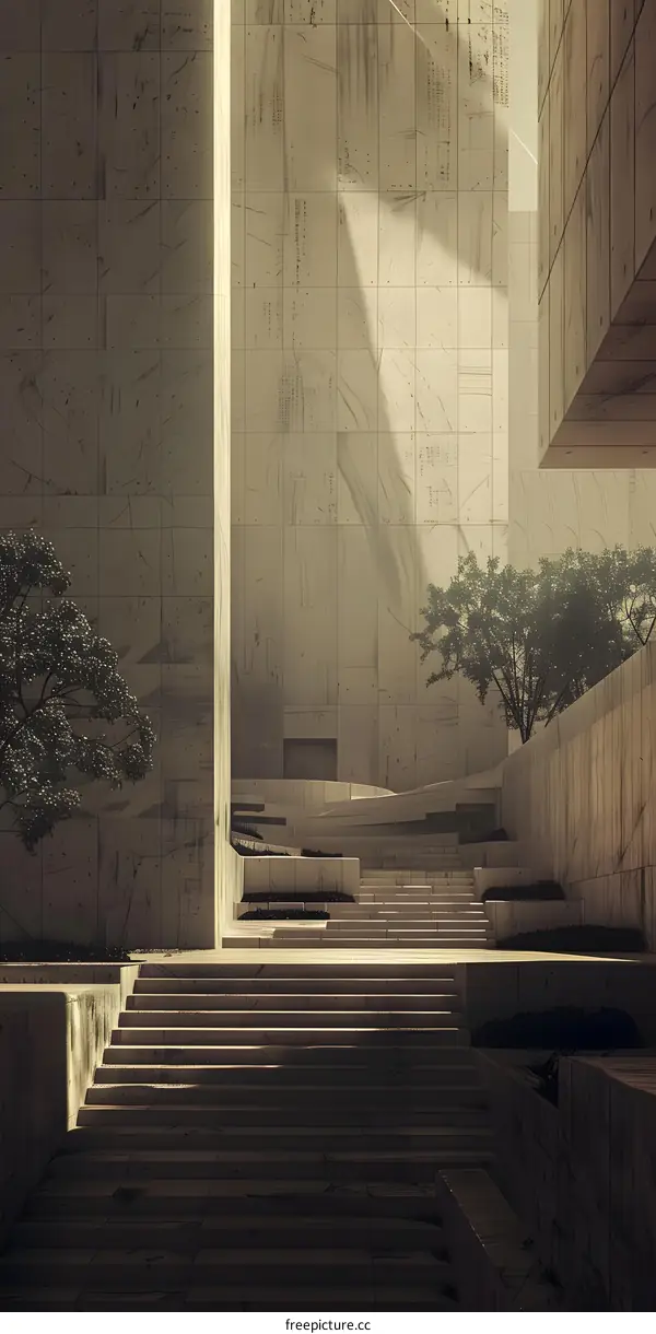Minimalist Concrete Architecture with Staircase and Trees