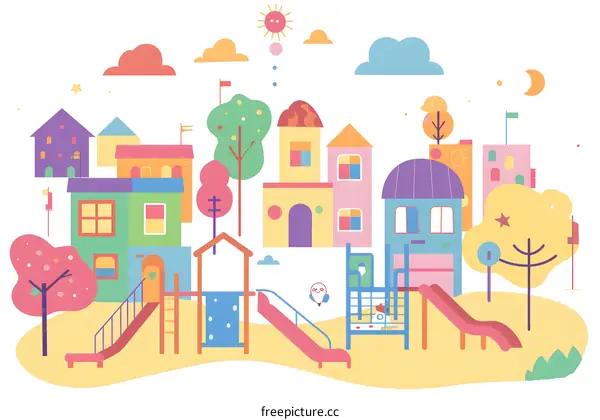 Colorful Illustration of a Town with Playground and Houses