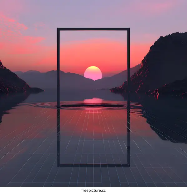 Digital Sunset Landscape with Square Frame