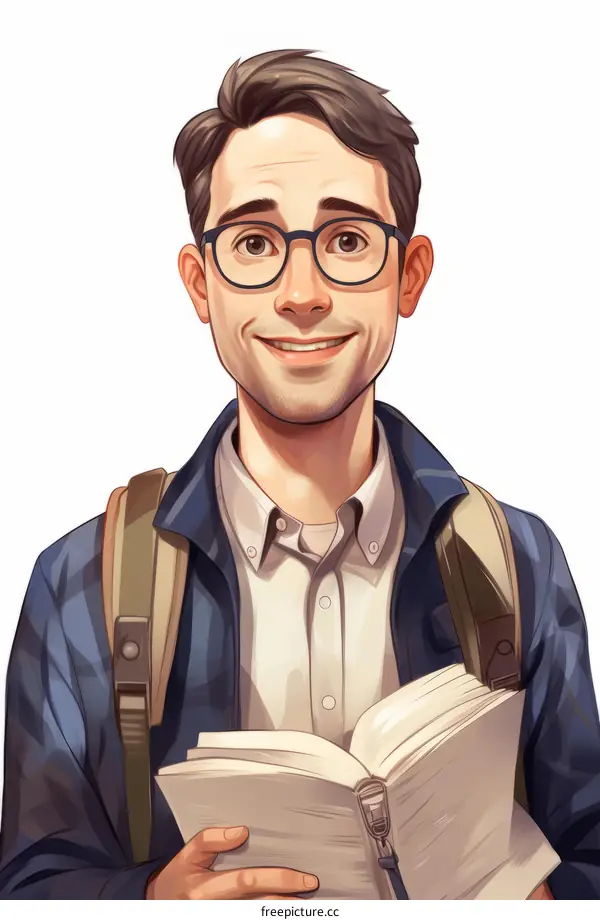 Illustration of a smiling young man with glasses holding a book