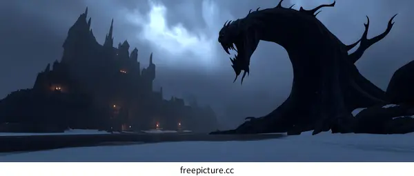 Dark Fantasy Castle and Monster Illustration