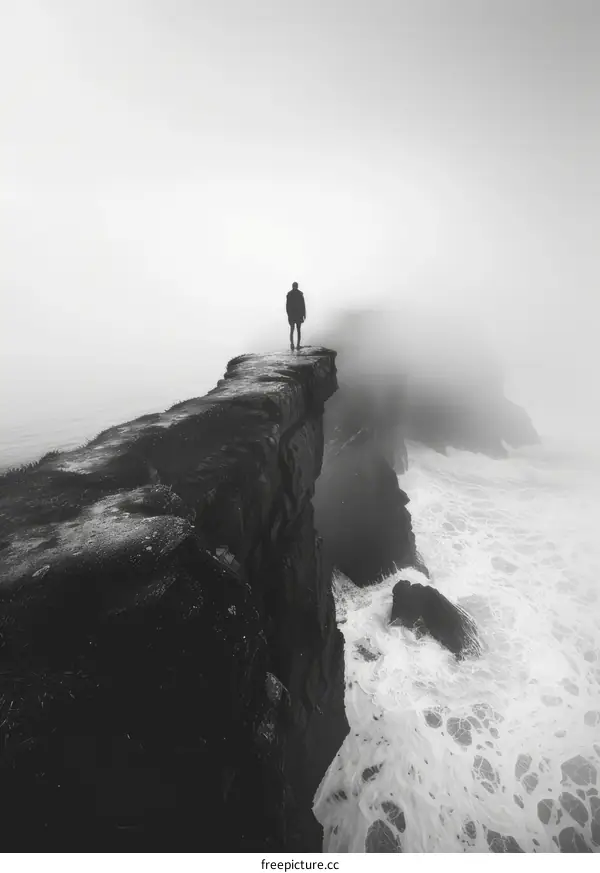 Man standing on a cliff overlooking a foggy sea