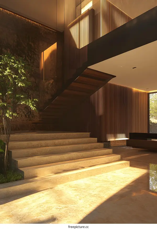 Modern Staircase Design With Wooden Steps and Wall Panels