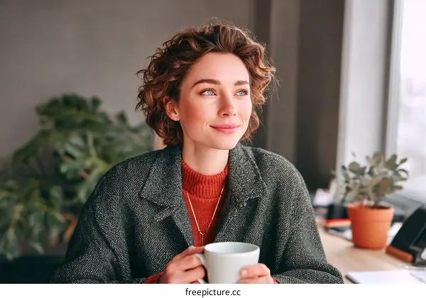 Woman enjoying a coffee break in a cozy cafe
