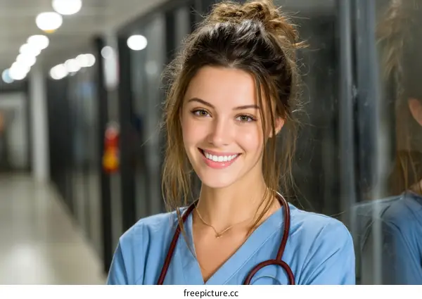 Smiling Female Caucasian Nurse in Hospital Corridor