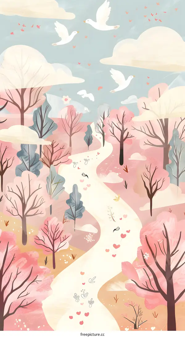 Pink Sky With Birds And Trees