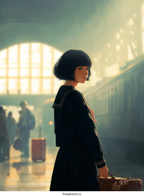Girl in School Uniform at a Train Station Illustration