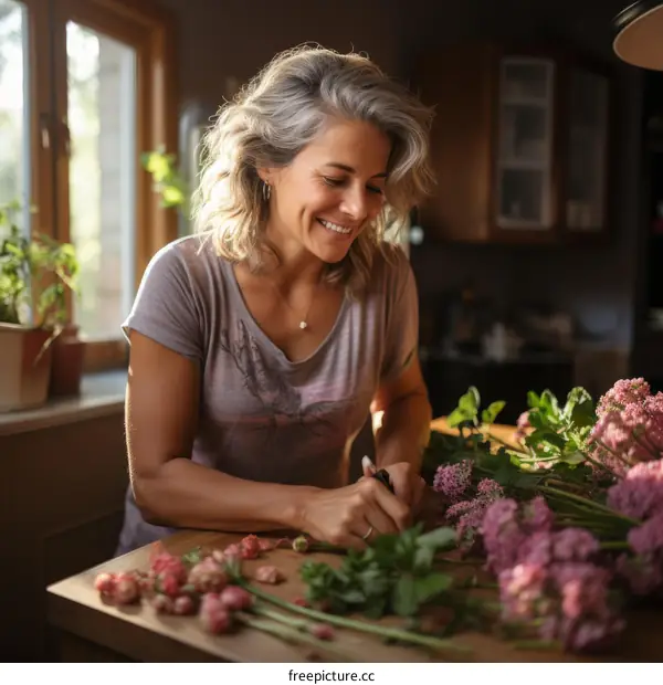 Gray-haired woman arranging flowers