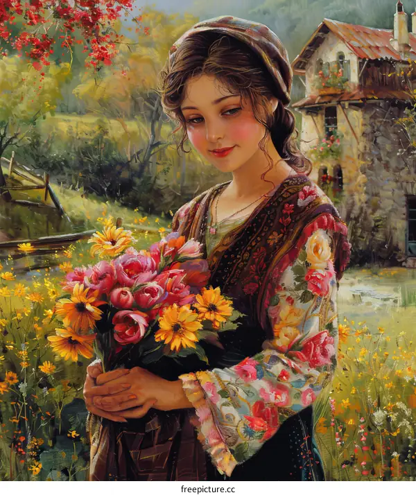 A Young Woman with a Bouquet of Flowers in a Countryside Setting