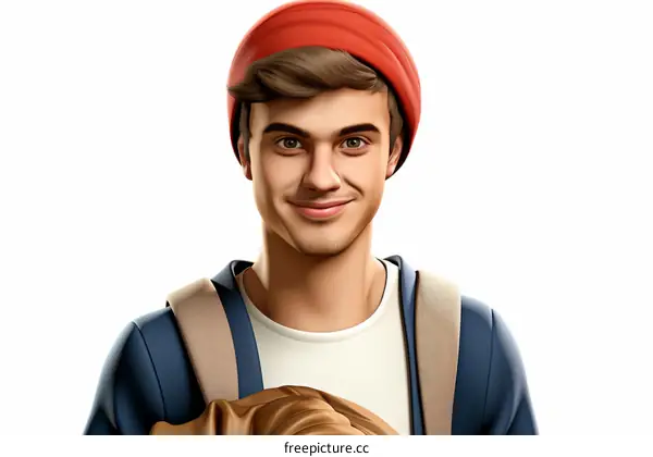 Illustration of a young man with a backpack and red beanie