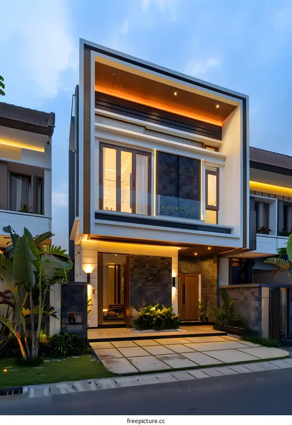 Modern House with Stone Exterior and Glass Balcony