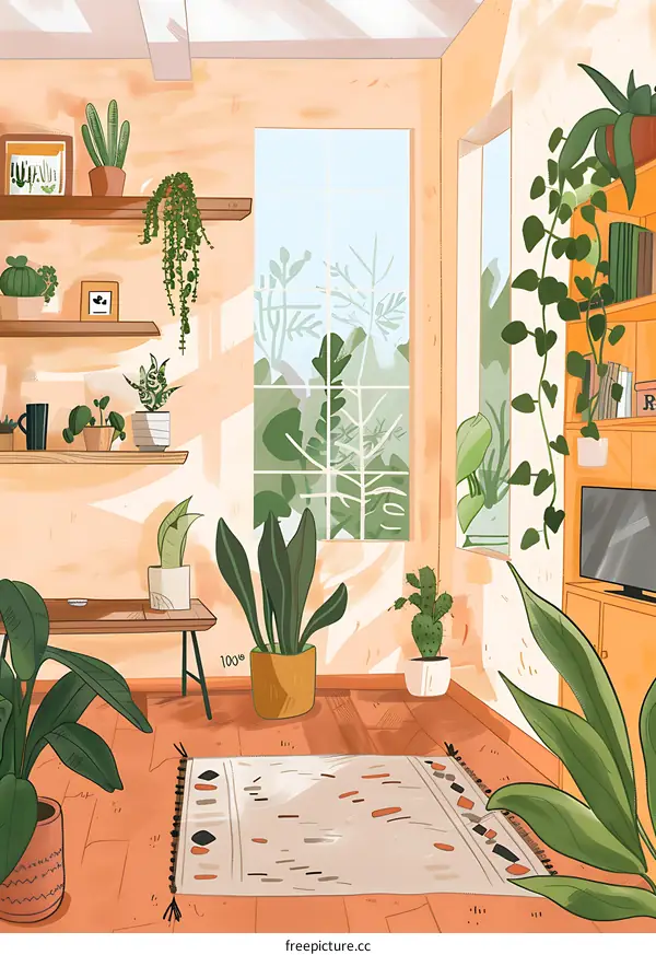 Indoor Plant Illustration with a View