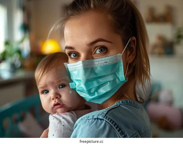Mother and baby wearing surgical masks