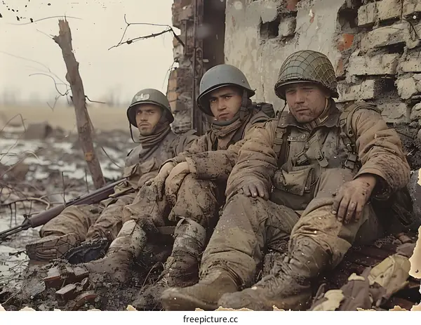 Three American soldiers rest during the Battle of Hurtgen Forest